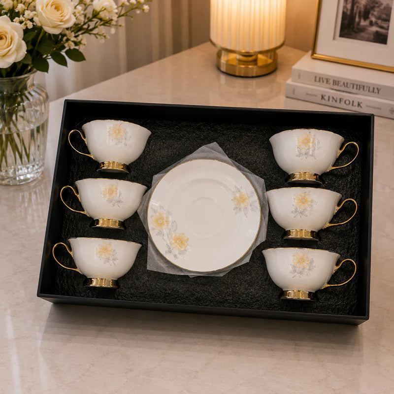 Golden Daisy Elegance Ceramic Coffee Set - 12Pcs
