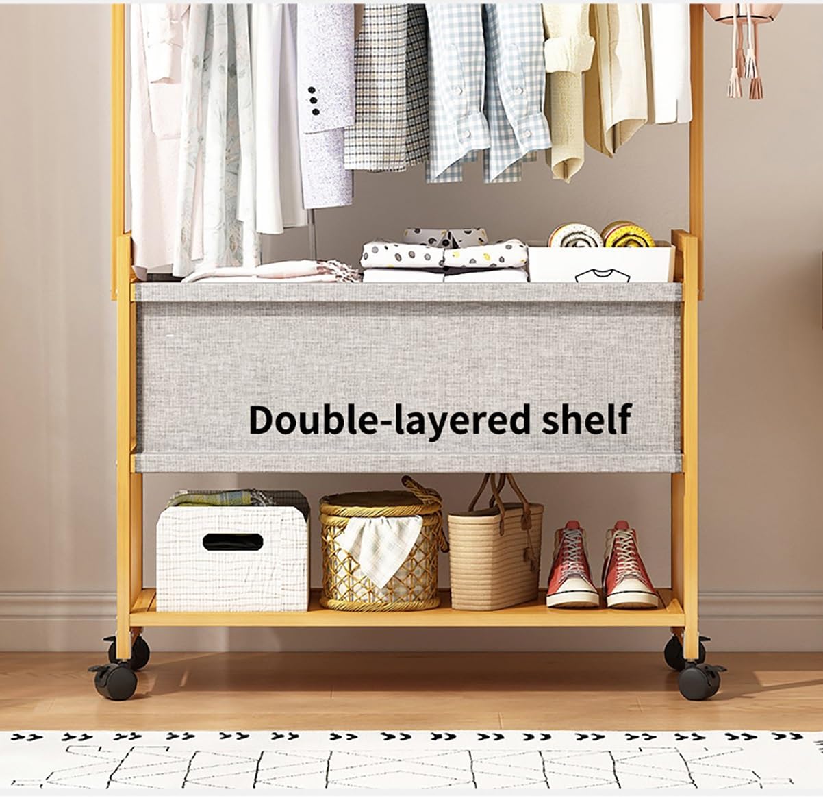 WOODEN COAT RACK STAND WITH FABRIC BASKET