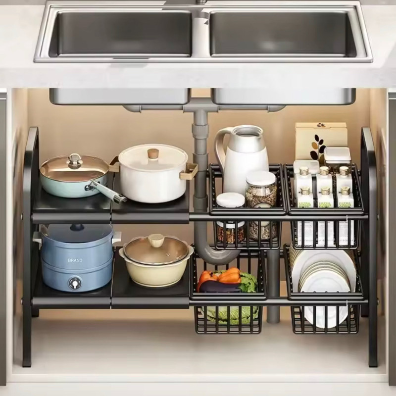 2 Tier Under Sink Organizer, Expandable Cabinet Shelf, Multifunctional Kitchen Organizer