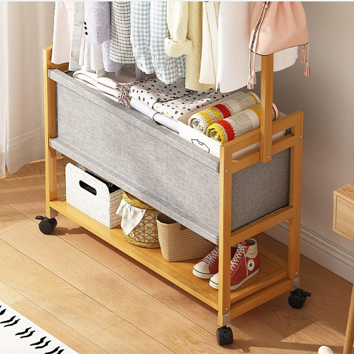 WOODEN COAT RACK STAND WITH FABRIC BASKET
