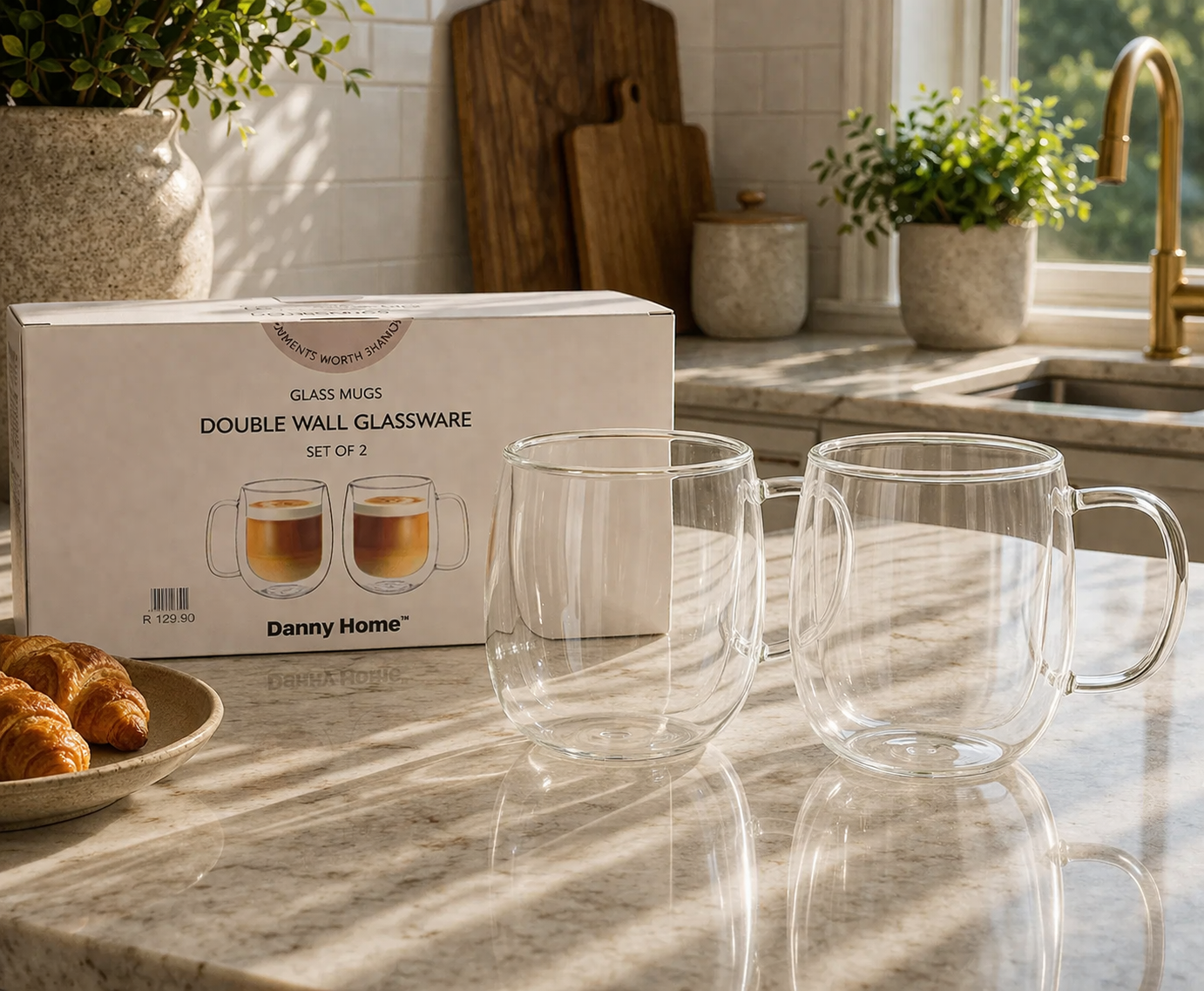 Danny Home Double Walled Glass Mug with Handle 250ml - 2Pcs Set