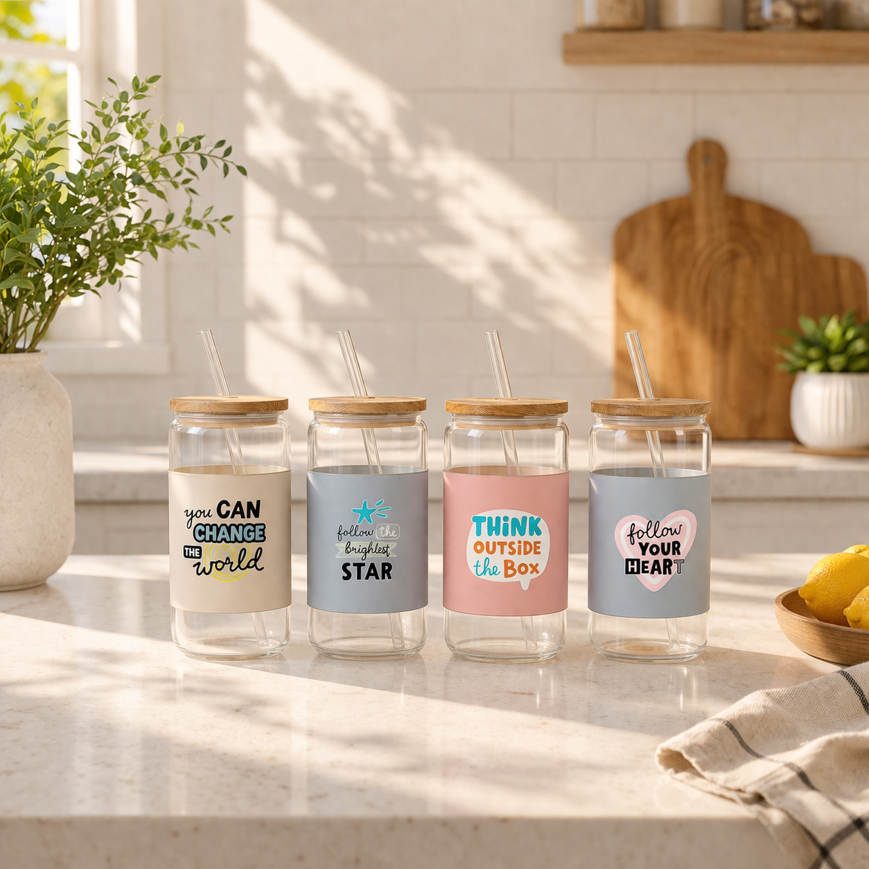 Clear Glass Cup With Straw & Bamboo Lid 450ml – Quote Design