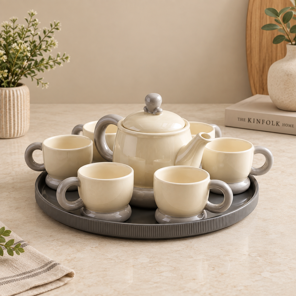 Ceramic 6-Cup Tea Set with Rotating Tray
