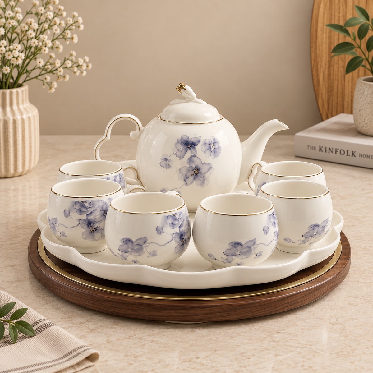 Premium Ceramic Tea Serving Set with 6 Cups & Kettle