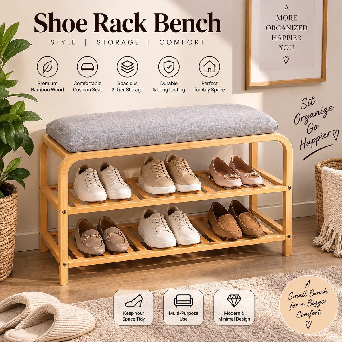 Nordic Wooden Shoe Rack Bench with Cushion Seat