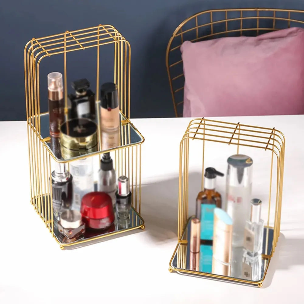 Modern Rectangular Metal Desktop Organiser in Gold