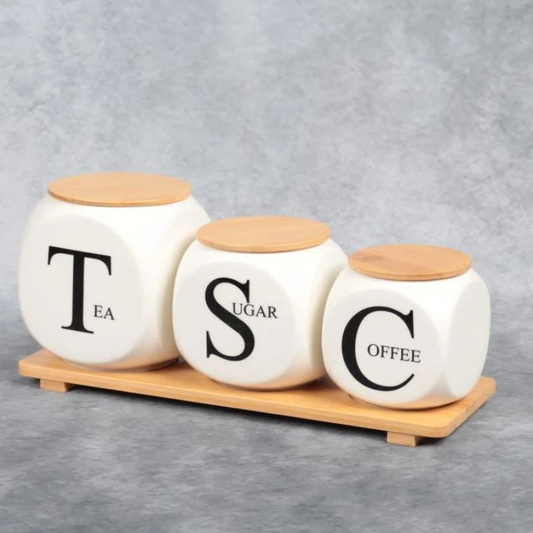 Modern Ceramic Jar Set With Bamboo Stand – Tea, Sugar & Coffee Containers