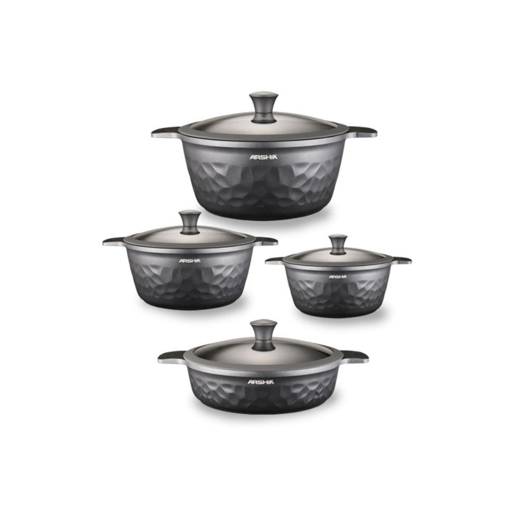 ARSHIA PREMIUM DIE-CASTED ALUMINIUM 8PCS COOKWARE SET SILICON GLASS LID SILVER