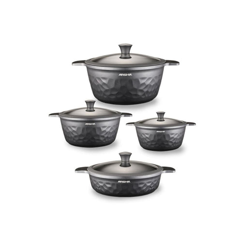 ARSHIA PREMIUM DIE-CASTED ALUMINIUM 8PCS COOKWARE SET SILICON GLASS LID SILVER