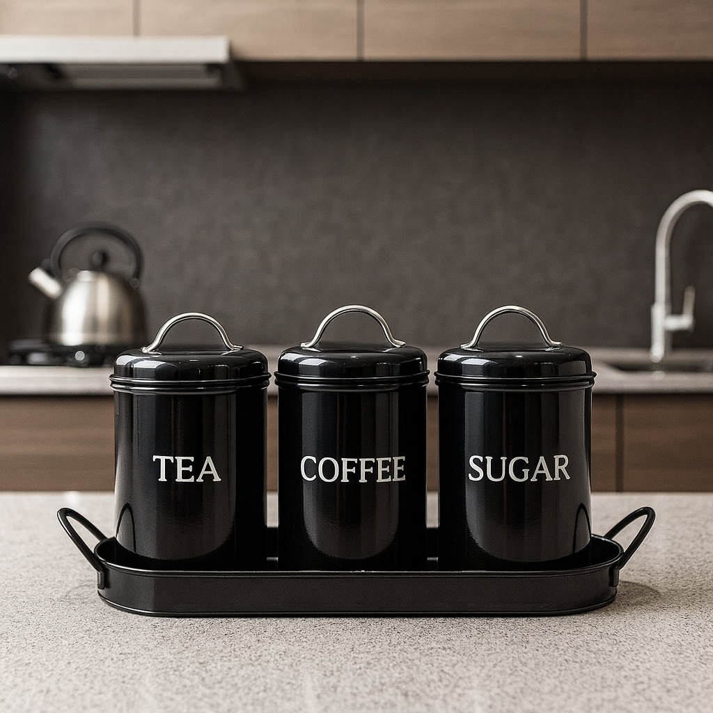 3-Piece Tea, Coffee & Sugar Jar Set With Metal Tray