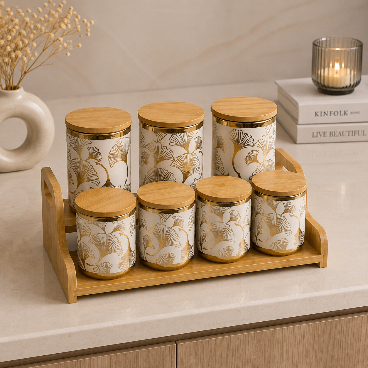 7 Pcs Gold Floral Ceramic Canister Set with Wooden Tray
