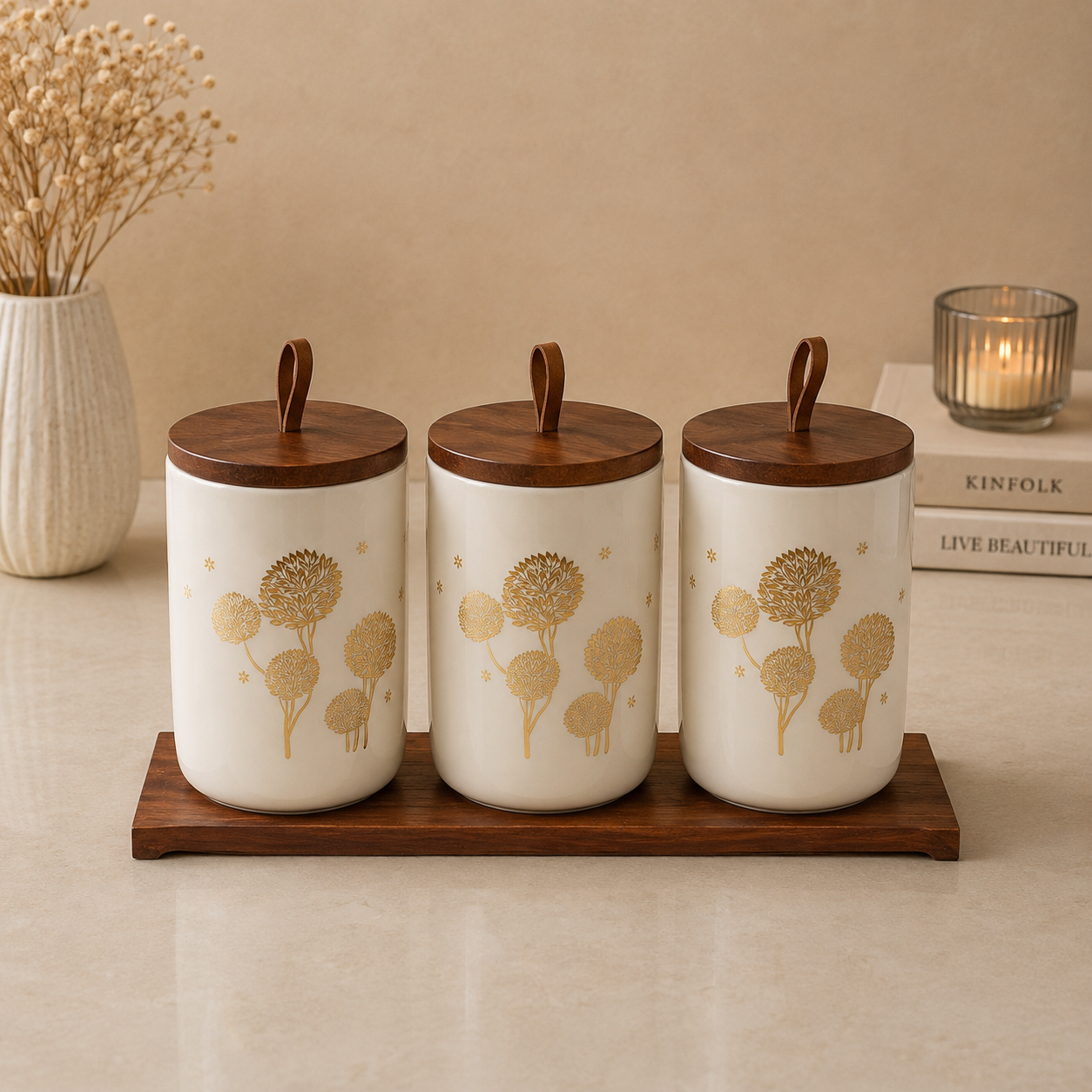 3 Pcs Gold Floral Ceramic Canister Set