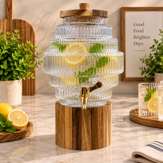 Premium Tiered Ribbed Glass Beverage Dispenser with Wooden Stand