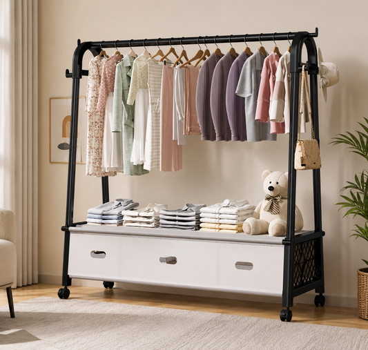 Movable Standing Clothes Rack With Wheels, A Shape Dustproof Coat Rack, Heavy Duty Minimalist Clothing Stand with Storage Wardrobe