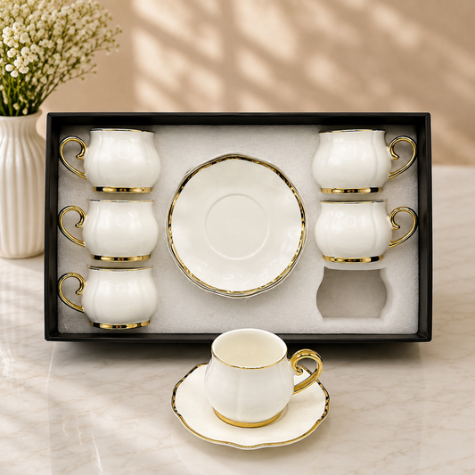 Classic White Cup & Saucer Set with Gold Rim – 12 Pieces