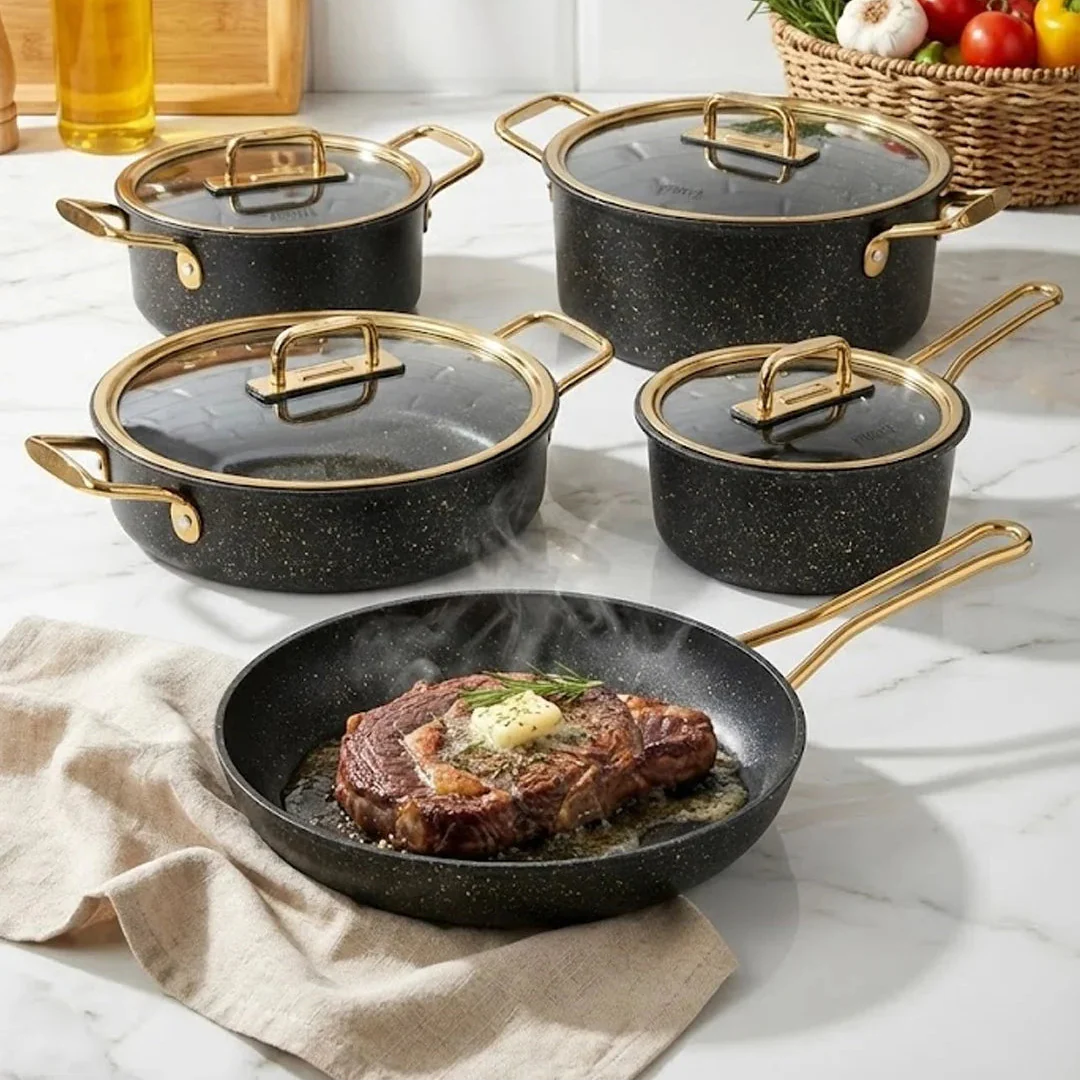 Falez Premium 9-Piece Granite Non-Stick Cookware Set - Parem Black