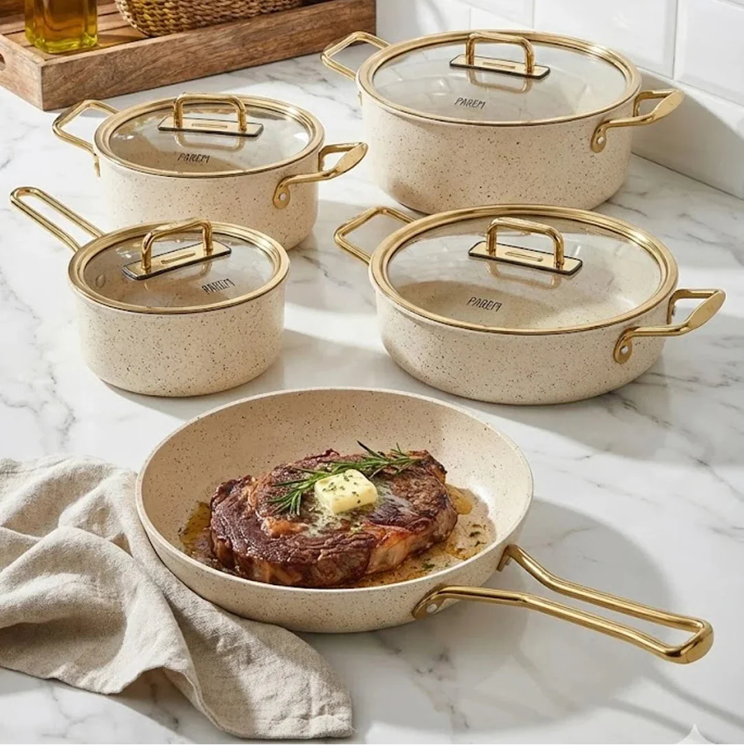 Falez Premium 9-Piece Granite Non-Stick Cookware Set - Parem Creamy