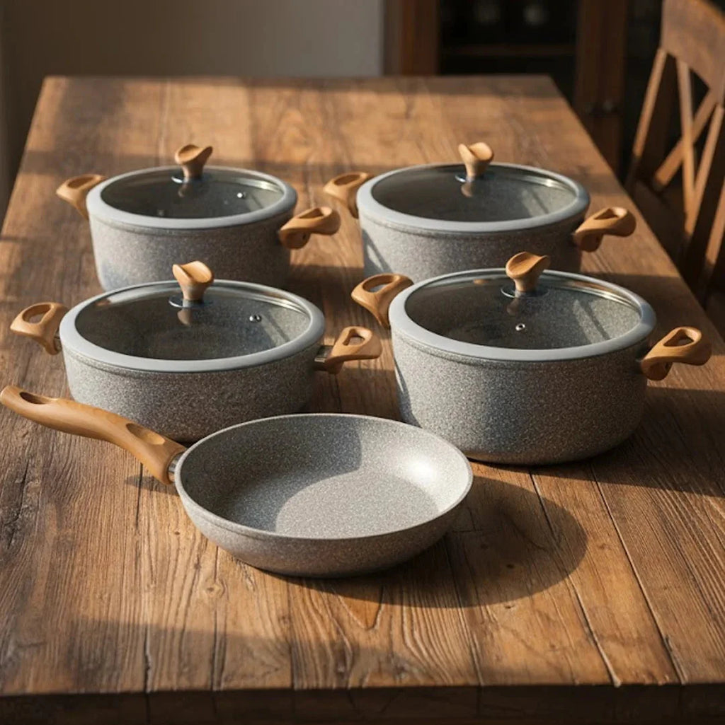 Falez 9-Piece Premium Granite Ceramic Coated Non-Stick Cookware Set - Ultima Grey