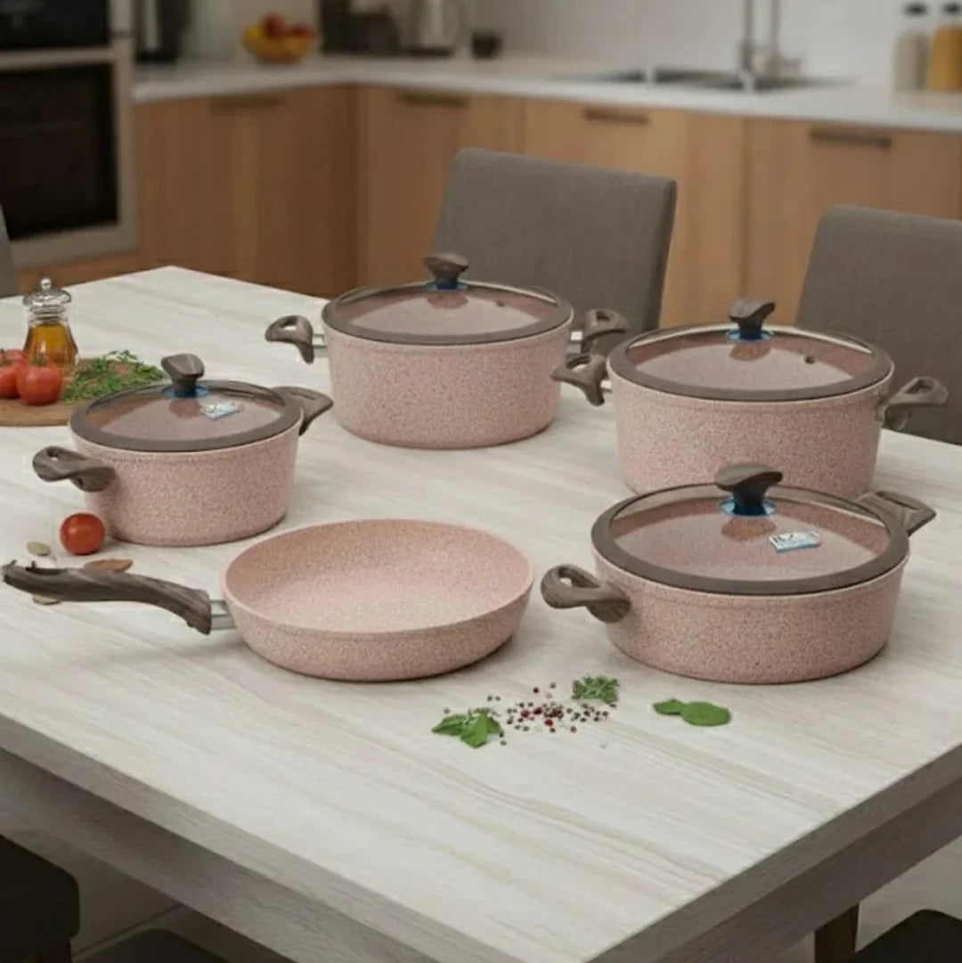 Falez 9-Piece Granite & Ceramic Coated Non-Stick Cookware Set - Ultima Pink