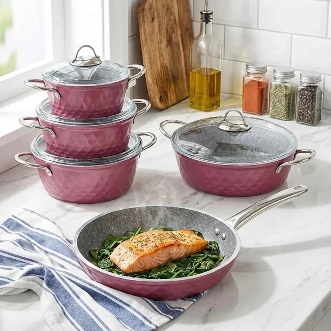 Falez Premium 9-Piece Granite Non-Stick Cookware Set - Bio Diamond Violet