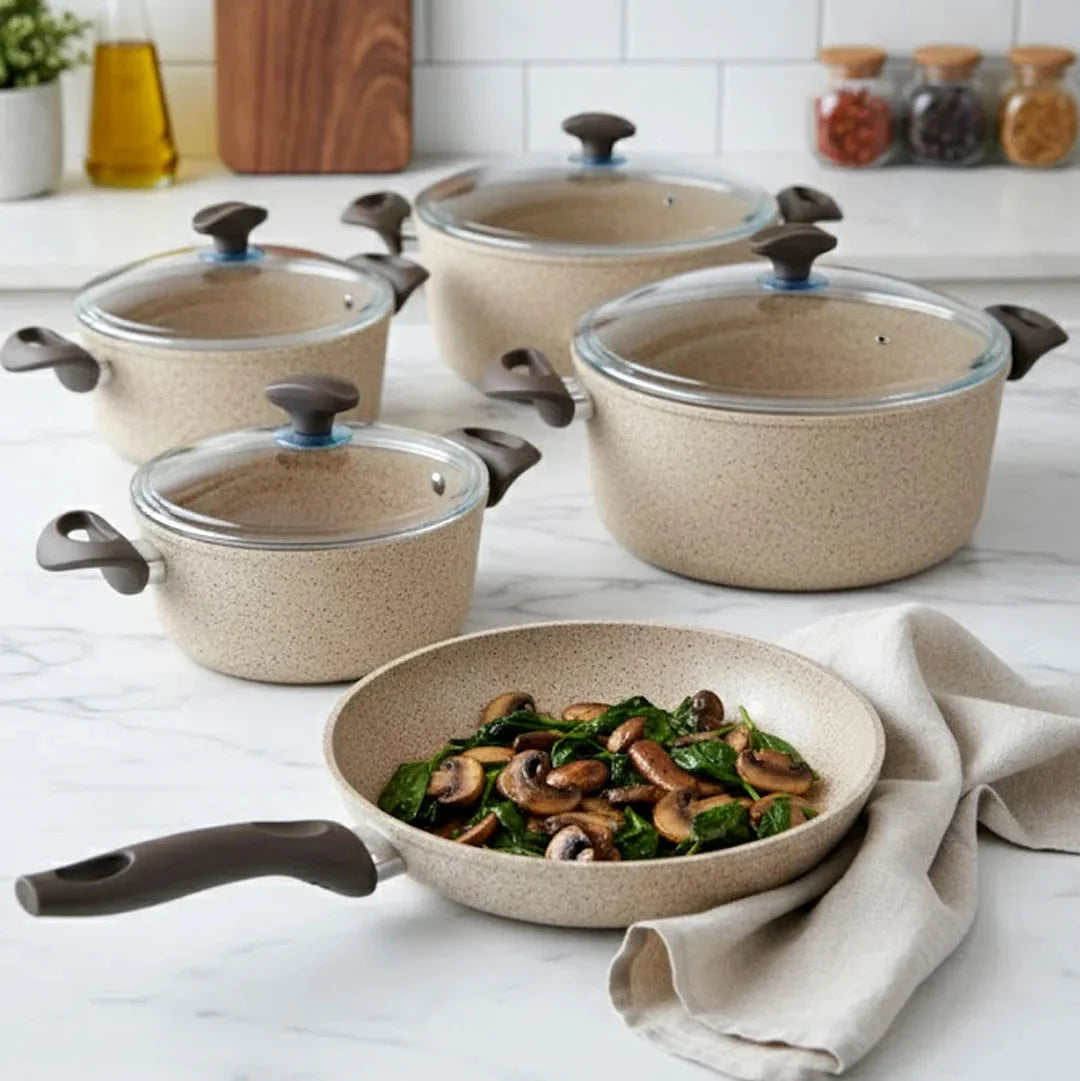 Falez 9-Piece Premium Granite Non-Stick Cookware Set - Creamy