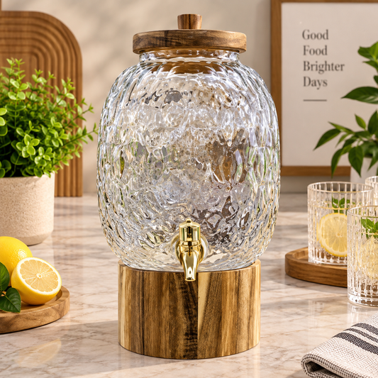 Premium Textured Glass Beverage Dispenser with Wooden Stand