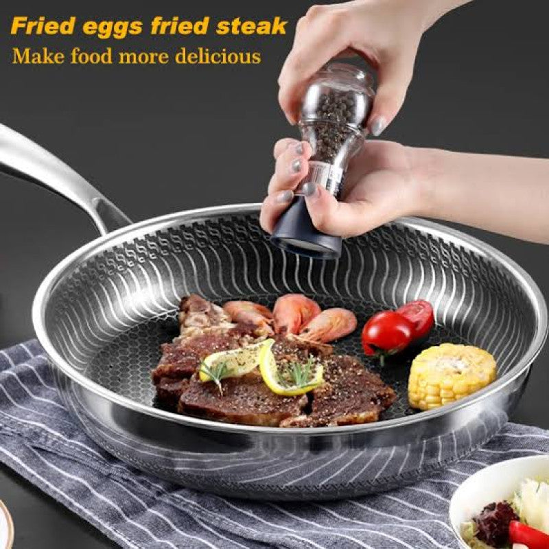 Stainless Steel Honey-Comb Laser Coated Frying Pan With Heavy Base