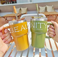600ml Stainless Steel Coffee Mug with Straw, Lid & Handle