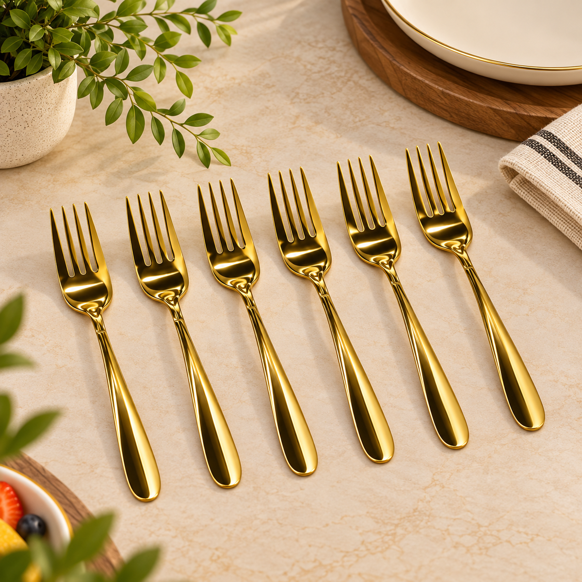 Premium Golden Stainless Steel Fruit Fork Set – 6 Pcs