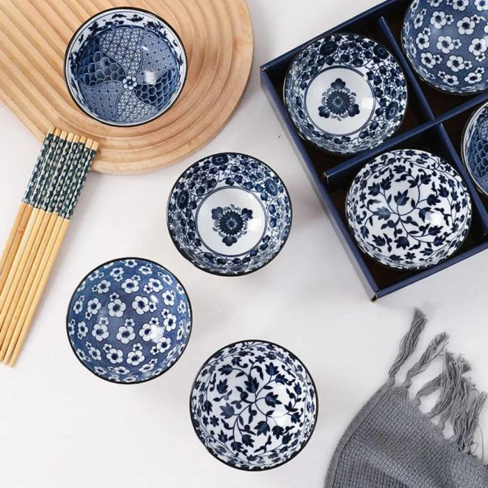 Japanese Style Korean 4.5 Inch Flower 6-Ceramic Bowl Set for Rice Soup