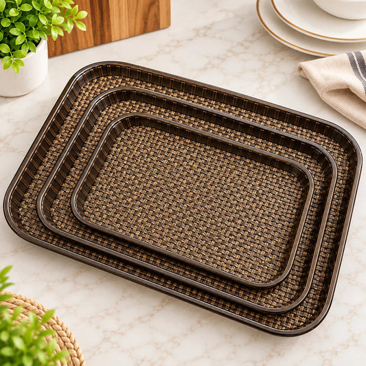 3Pcs Premium Woven Rattan Style Serving Tray Set – Brown