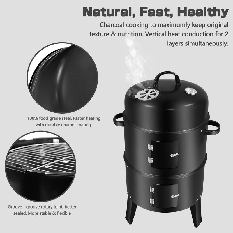 3 In 1 Vertical Charcoal Smoker,16 Inches Separable BBQ Smoker Grill Combo With Built-In Thermometer & Easy TEMP Adjustable Vent For Outdoor Cooking