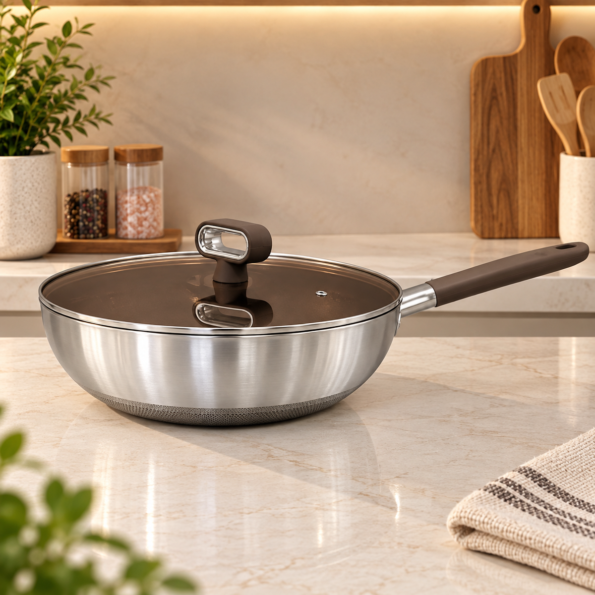 Titanium Coated Stainless Steel Wok with Glass Lid