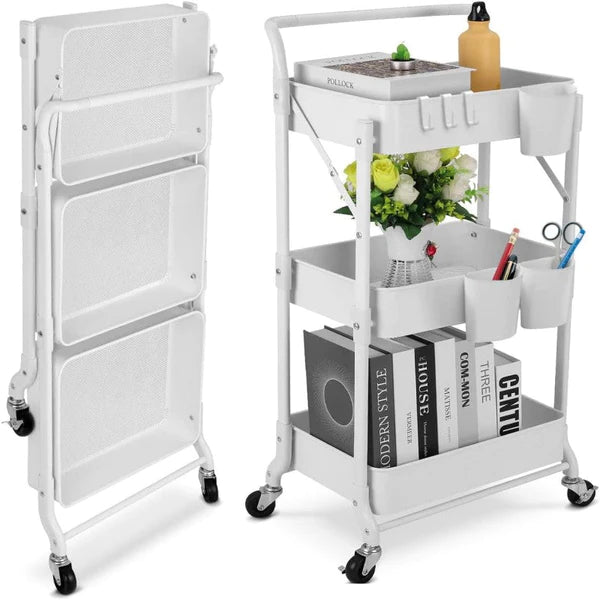 Foldable 3 Tier Metal Utility Rolling Cart, Folding Mobile Multi-Function Storage Trolley Organizer Cart (White)