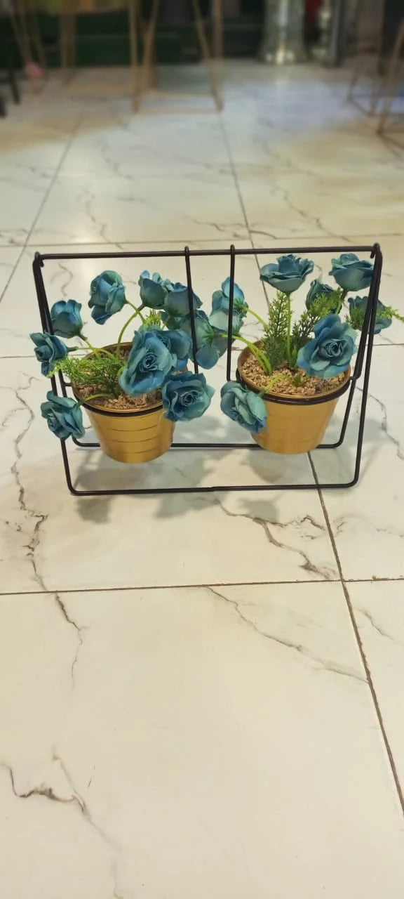 Golden Metal Pot Double With Blue Artificial Flower Arrangements