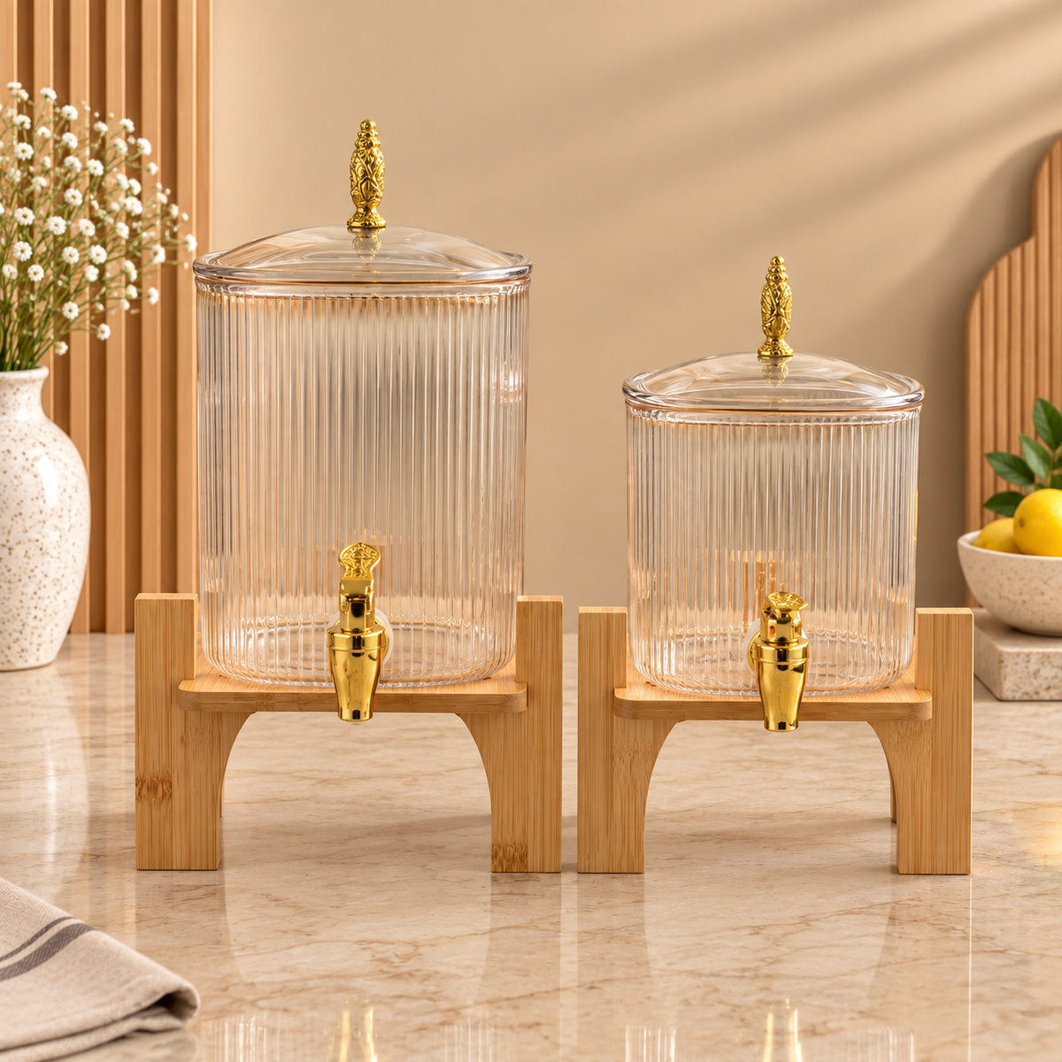 Glass Beverage Dispenser with Wooden Base (Clear)