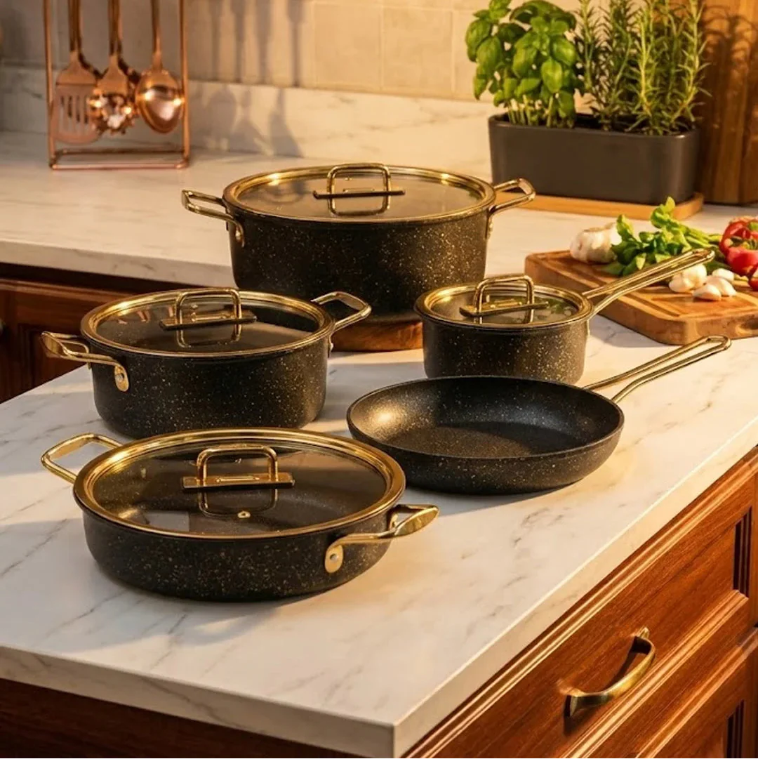 Falez Premium 9-Piece Granite Non-Stick Cookware Set - Parem Black