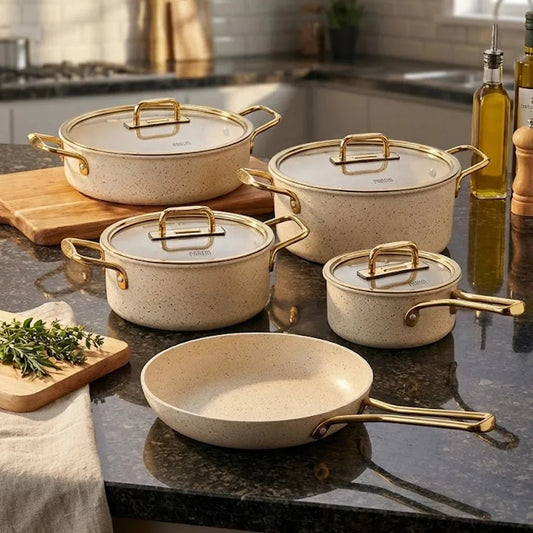 Falez Premium 9-Piece Granite Non-Stick Cookware Set - Parem Creamy