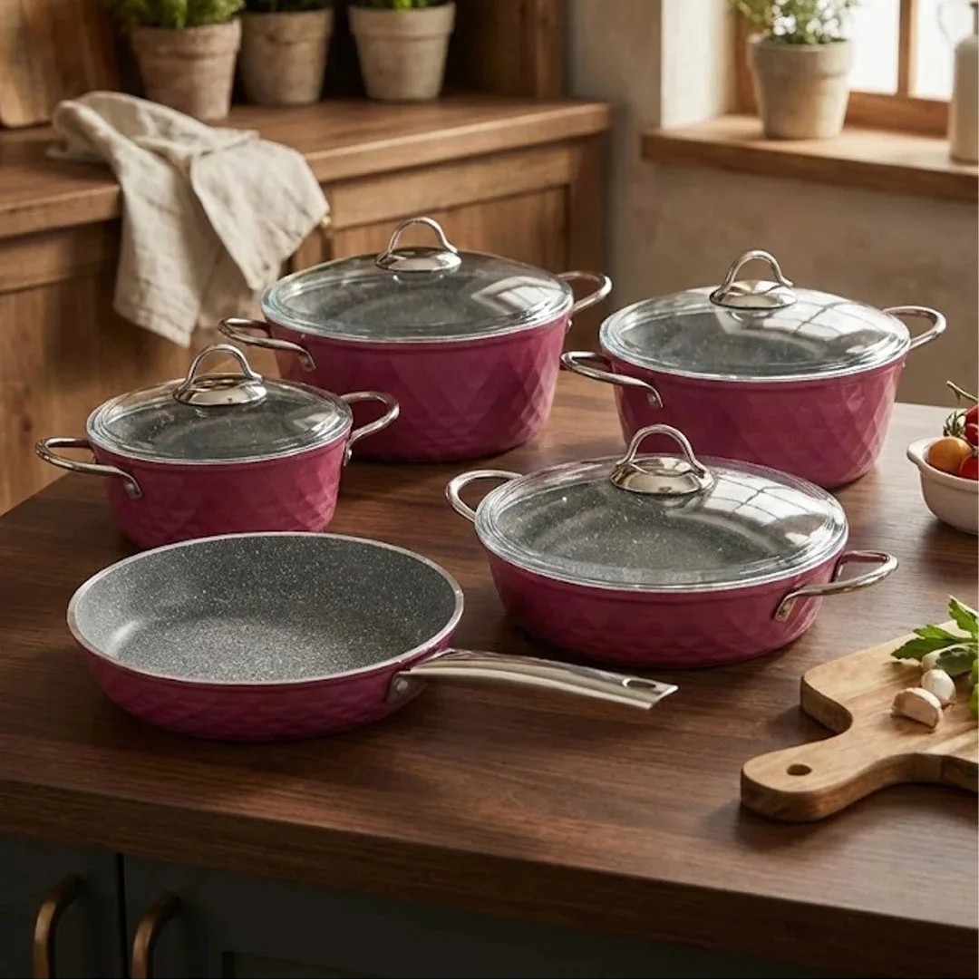 Falez Premium 9-Piece Granite Non-Stick Cookware Set - Bio Diamond Violet