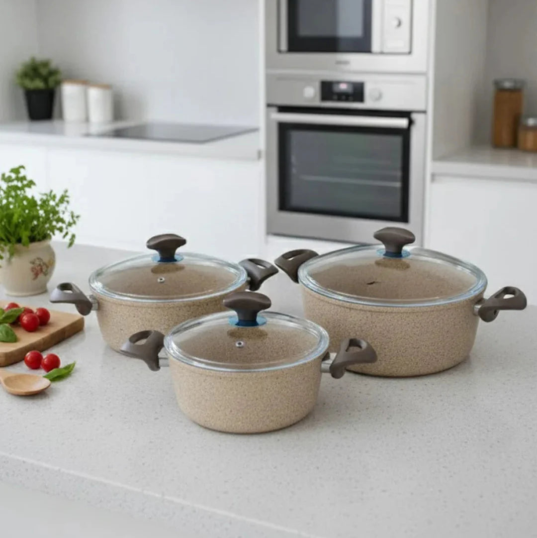Falez 9-Piece Premium Granite Non-Stick Cookware Set - Creamy
