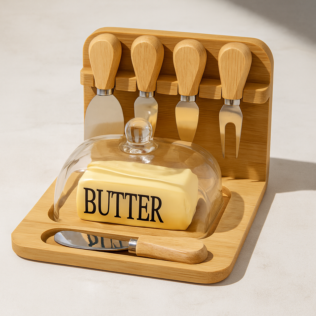 Butter Dish and Cheese Knife Set with Bamboo Base and Glass Lid