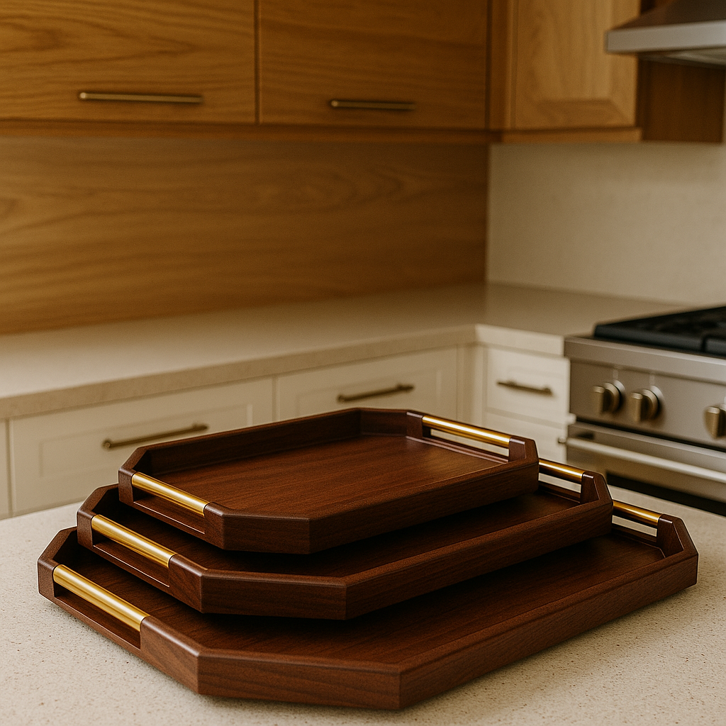 Premium Walnut Wooden Serving Tray Set With Gold Handles (3-Piece)