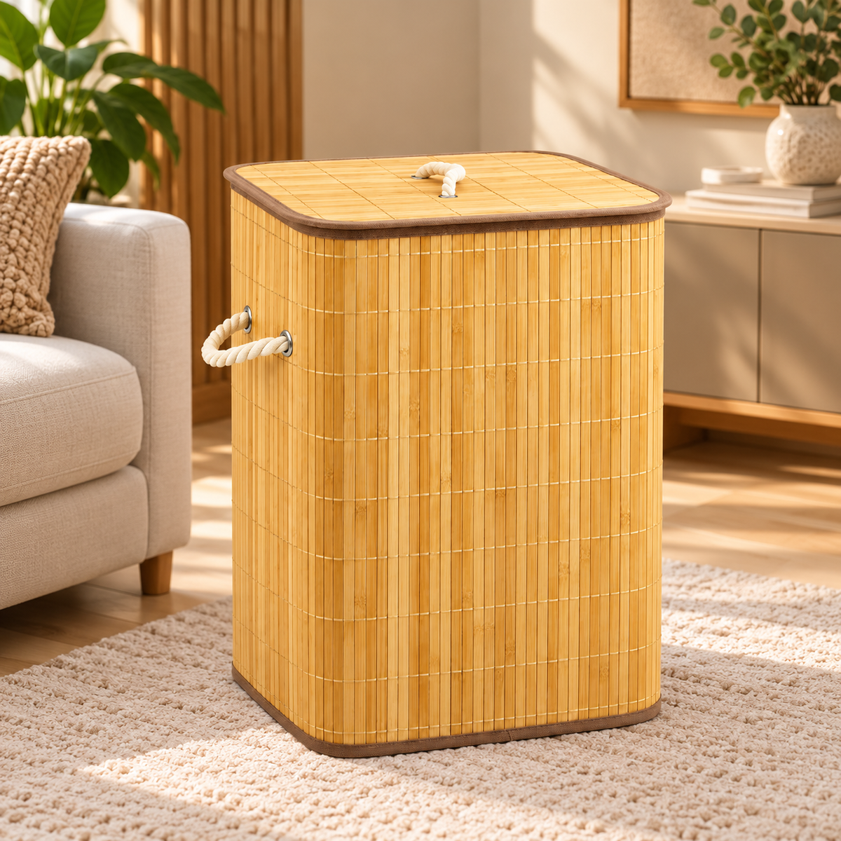 Bamboo Laundry Basket with Lid & Rope Handles – 40 × 30 × 55 cm