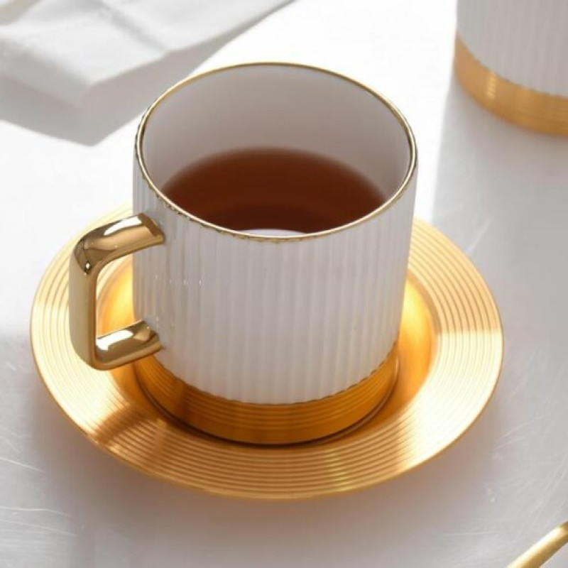 Striped Coffee & Tea Cup Set With Metal Saucer – Set Of 6 | Elegant Gift Set |