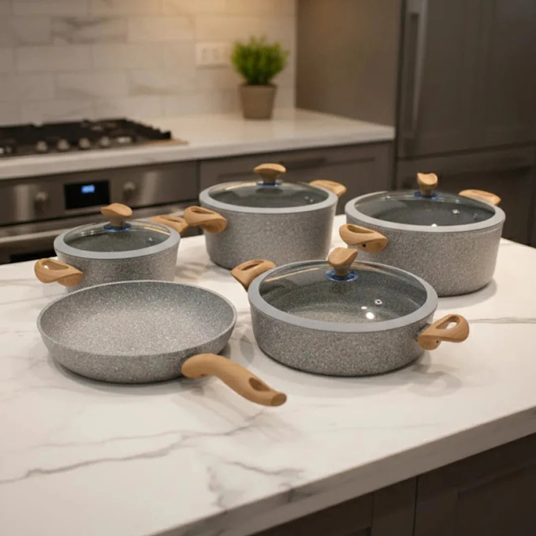 Falez 9-Piece Premium Granite Ceramic Coated Non-Stick Cookware Set - Ultima Grey