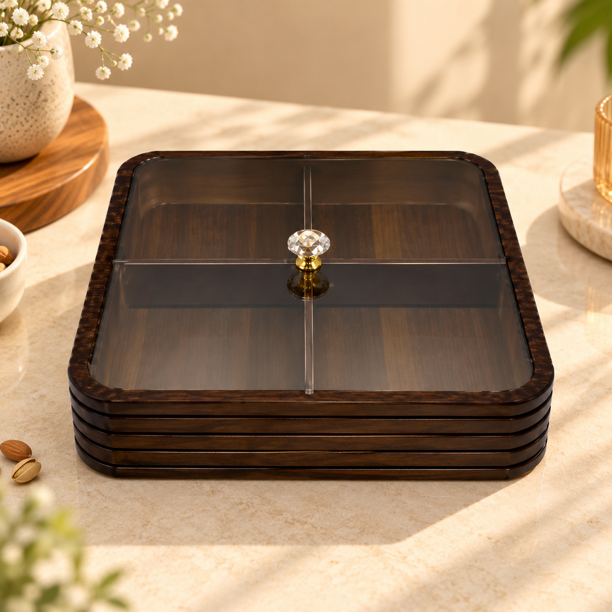 Premium Bamboo Dry Fruit Box with Plastic Lid – 4 Compartments | Dark Walnut
