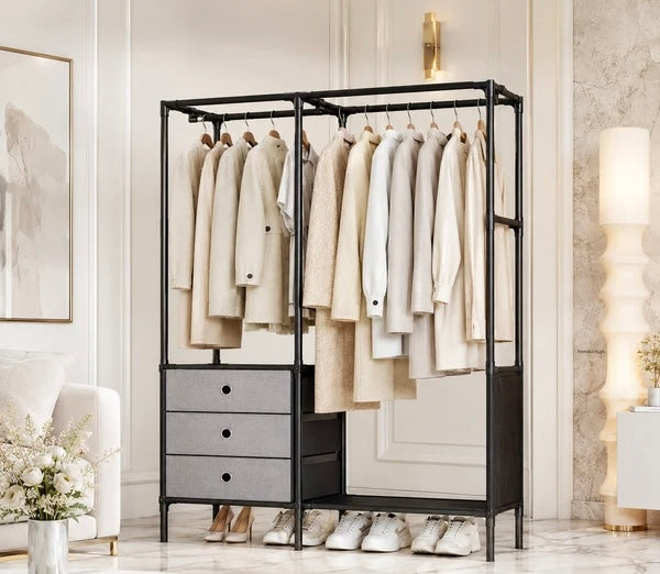 Double Rod Heavy-Duty Clothes Rack with Fabric Drawers & Shoe Storage | Multi-Functional Metal Garment Organizer