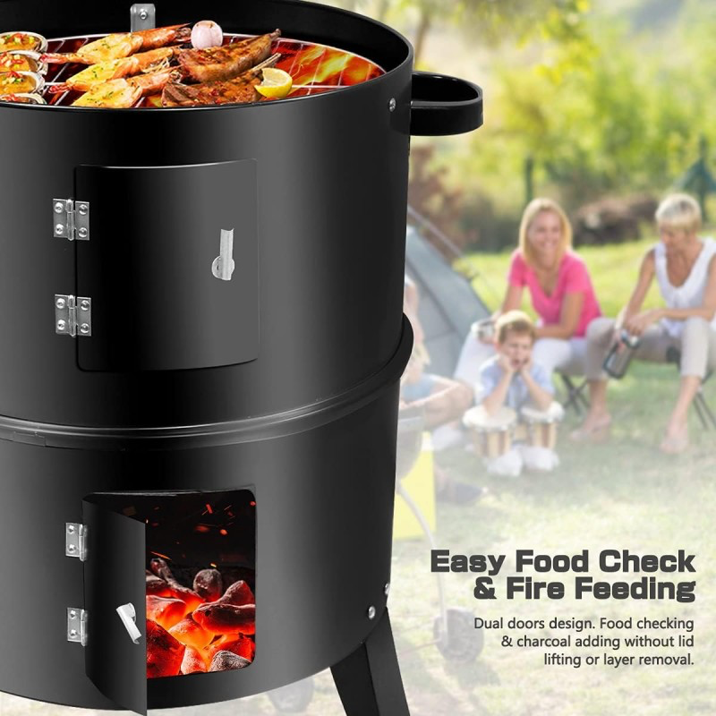 3 In 1 Vertical Charcoal Smoker,16 Inches Separable BBQ Smoker Grill Combo With Built-In Thermometer & Easy TEMP Adjustable Vent For Outdoor Cooking
