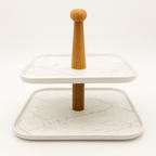 Two-Tier White Serving Tray with Wooden Stand
