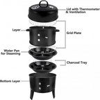 3 In 1 Vertical Charcoal Smoker,16 Inches Separable BBQ Smoker Grill Combo With Built-In Thermometer & Easy TEMP Adjustable Vent For Outdoor Cooking